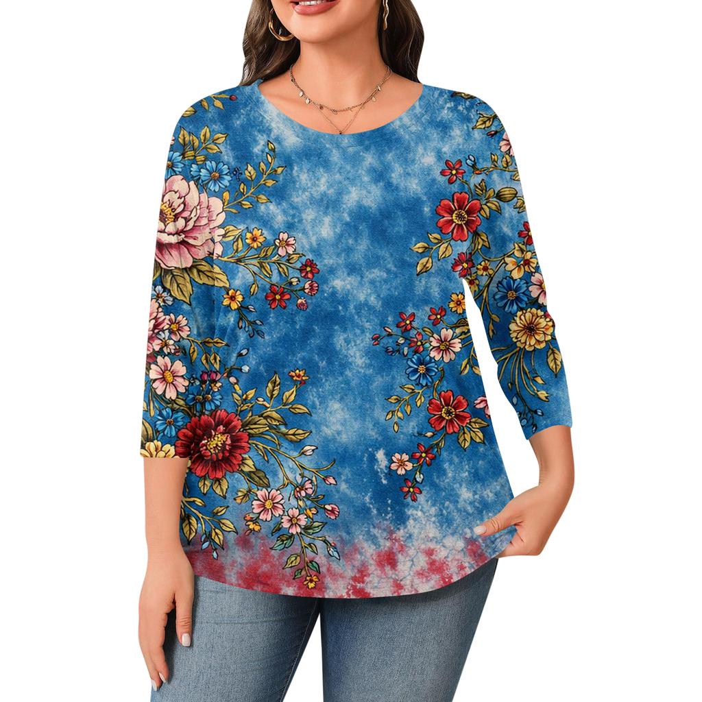 Women Plus Size Crew Neck 34 Sleeve Independence Day Printed Top Loose Fit Casual Blouse for Comfortable Daily Wear