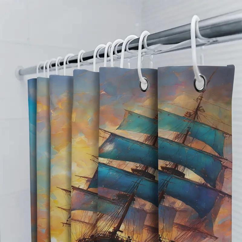 Lebendiger Segelboot Duschvorhang Wasserdicht, Sonnengeküsster Himmel, Nautische Dekoration Für Badezimmer Perfekte Geschenkidee