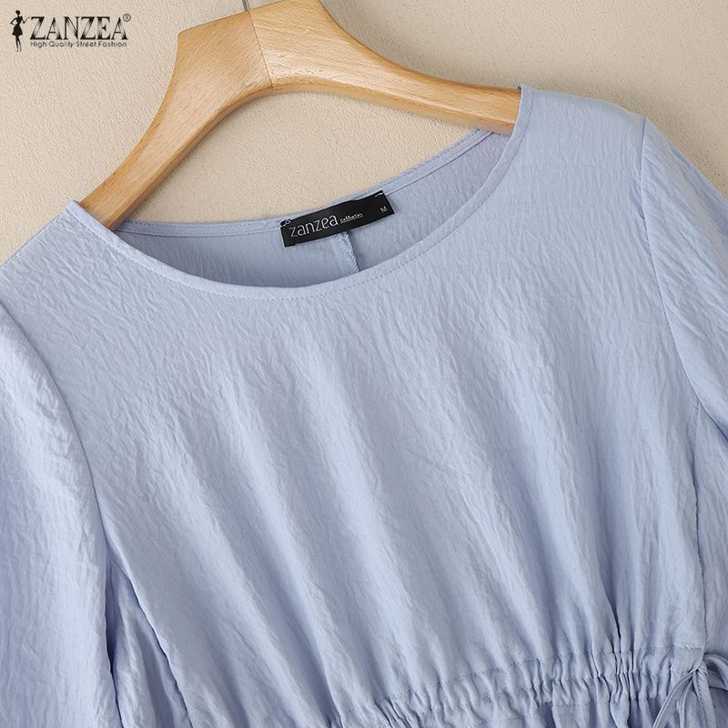 ZANZEA Women Casual Round Neck Loose Drawstring Waist Half Sleeve Blouse