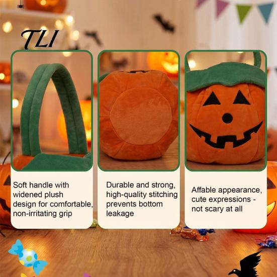 Soft Plush Halloween Tote Pumpkin Bucket, Cute Trick-or-Treat Bag, for Kids Candy Basket with Handle Girls Boys Party Favors Festive Gift Bag Children