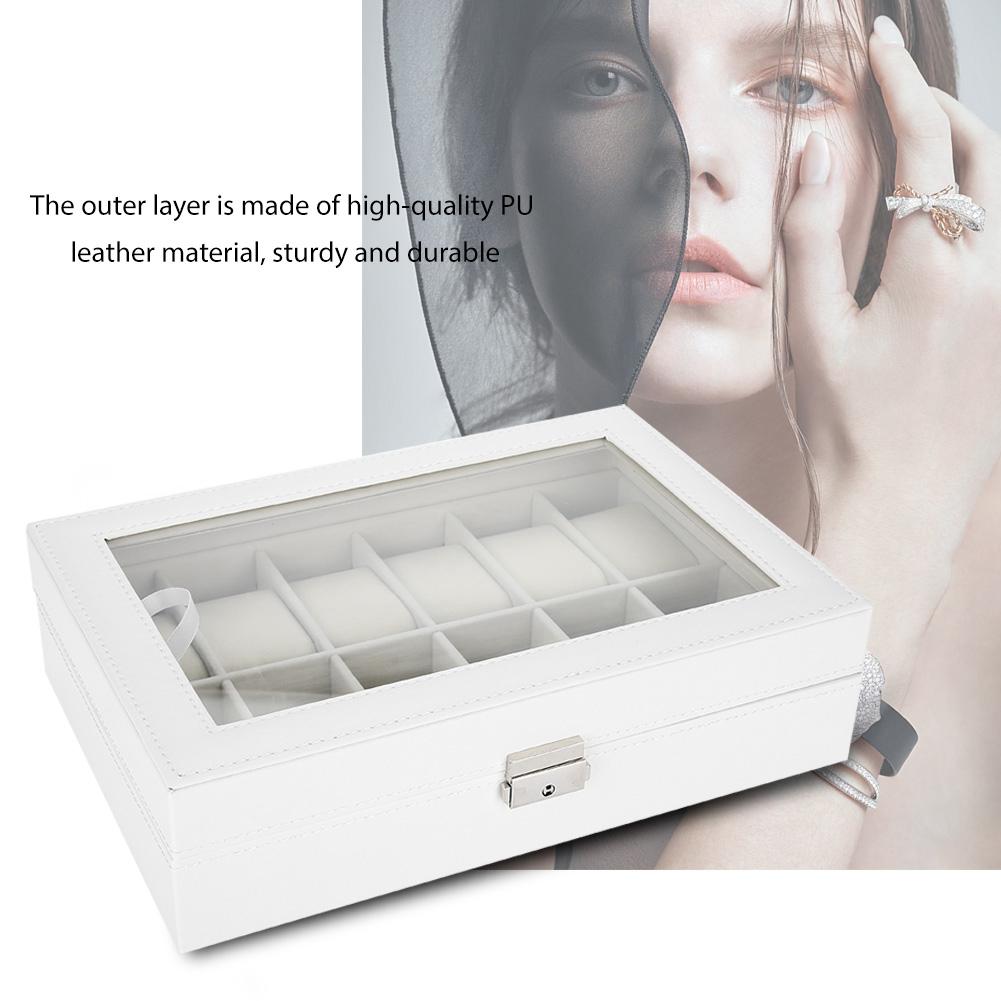 Držák na hodinky Vitrína na náramkové hodinky Šperkovnice 12 přihrádek PU kůže Bílá