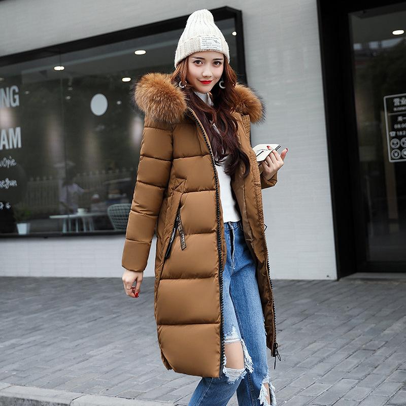 Hooded Long Women's Cotton Coat with Fur Collar for Fall/Winter