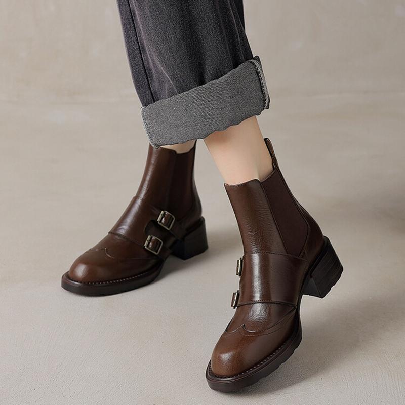 Fashion NEW Autumn Women Boots Round Toe Chunky Heel Shoes Split Leather Shoes for Women Slip-on Ankle Boots Belt Buckle Chelsea Boots