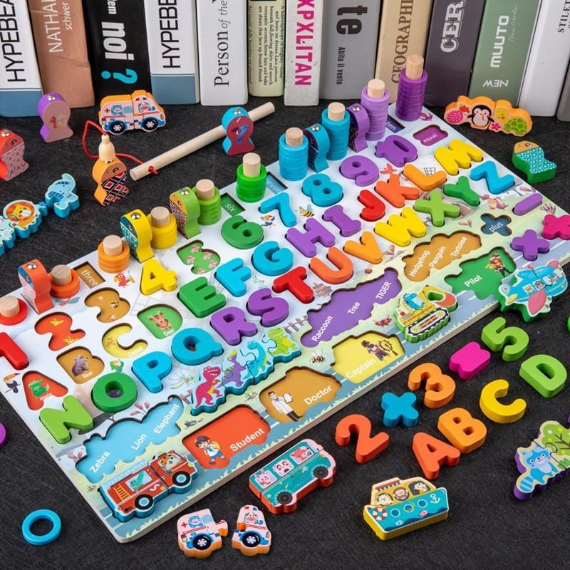 Wooden cartoon dinosaur fishing logarithmic board shape matching digital puzzle building block cognitive baby enlightenment toy