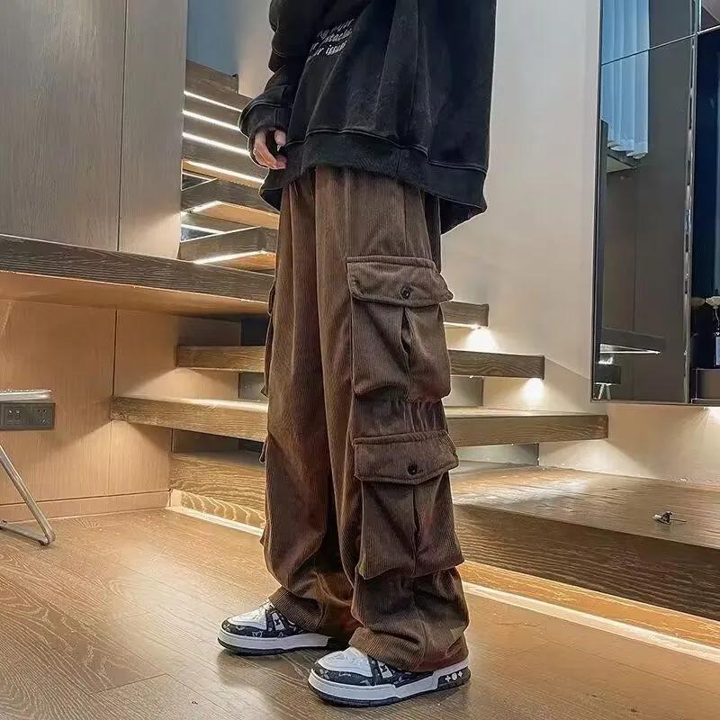 Safari Style Retro Solid Color Cargo Pants Men's Clothing Corduroy Autumn Winter Chic Pockets Spliced Wide Leg Casual Trousers
