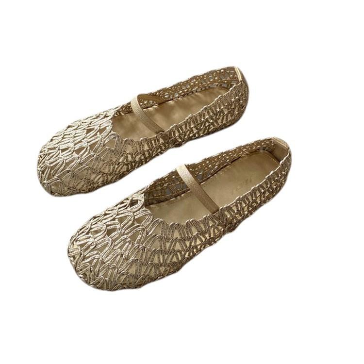 Retro gewebte Fischer-Schuhe Damen 2025 Sommer hohl atmungsaktiv flachmündig Einzel-Schuhe flache Mary Jane Sandalen mit Rock