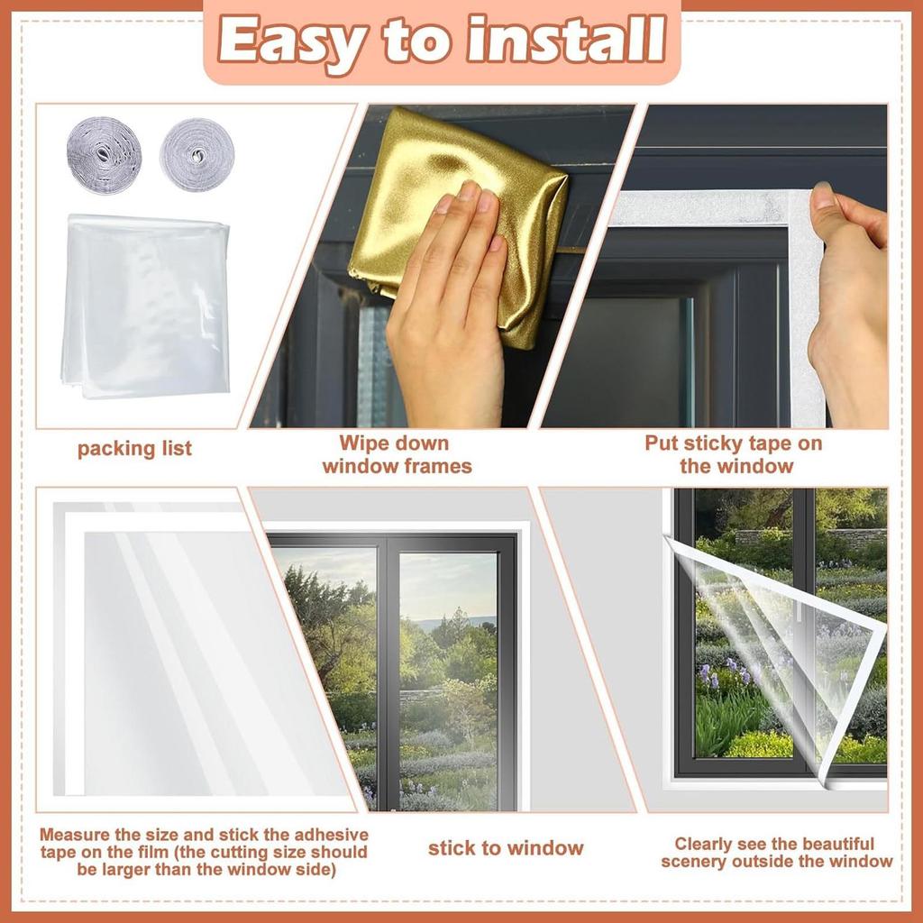 Window Insulation Film Kit for Cold Heat Thicker Reusable Adhesive Cuttable Clear Window Insulating Film 188 X 200cm