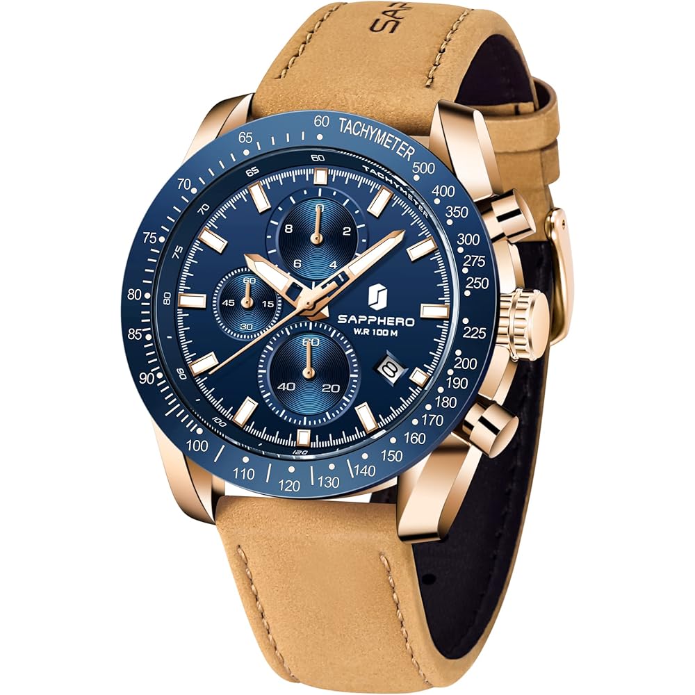 SAPPHERO Men s Analog Waterproof Quartz Chronograph Watch Gold Blue Fashion Sports Gift