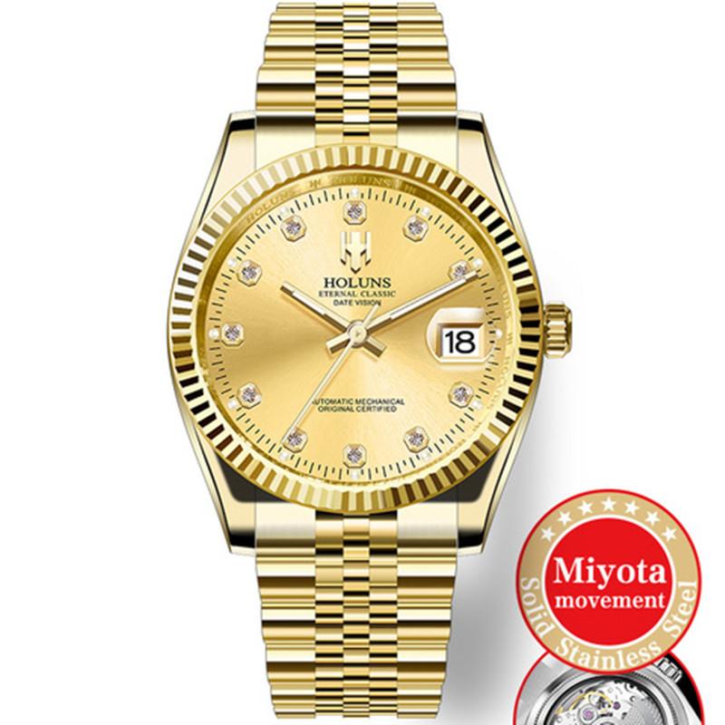 HOLUNS Reloj de Oro para Hombre de Diseñador Clásico de Lujo Acero Completo Japón MIYOTA Automático Mecánico de Cuerda Automática Reloj de Pulsera de Negocios