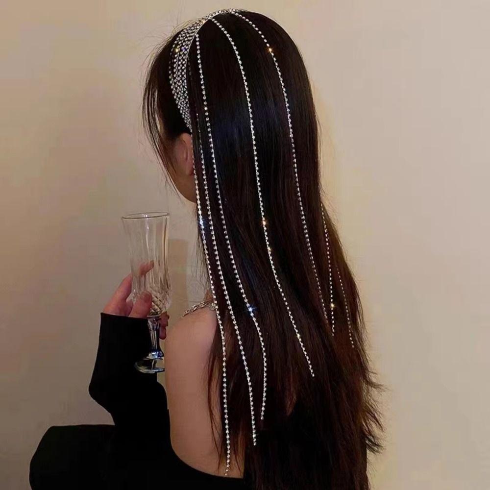Exaggerated Design Rhinestones Tassel Headband Luxury Shiny Hair Accessories Daily Wear