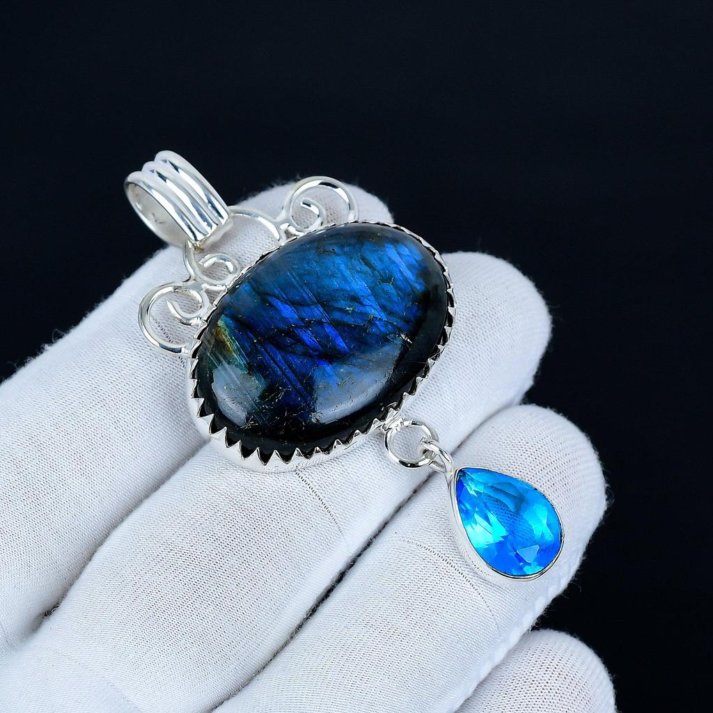 Labradorite Pendant, 925 Sterling Silver Handmade Jewelry, Blue Topaz Silver Pendant, Party Wear Jewelry For Women's, Pendant Christmas Jewelry