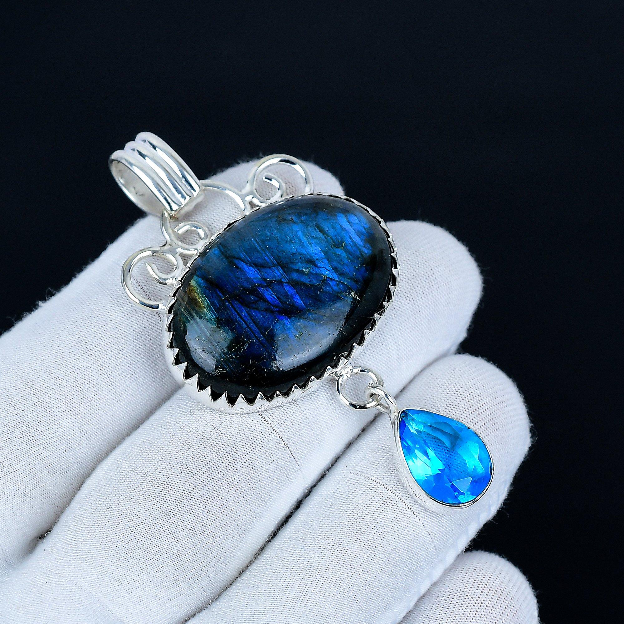 

Labradorite Pendant, 925 Sterling Silver Handmade Jewelry, Blue Topaz Silver Pendant, Party Wear Jewelry For Women s, Pendant Christmas Jewelry 7.5 синий