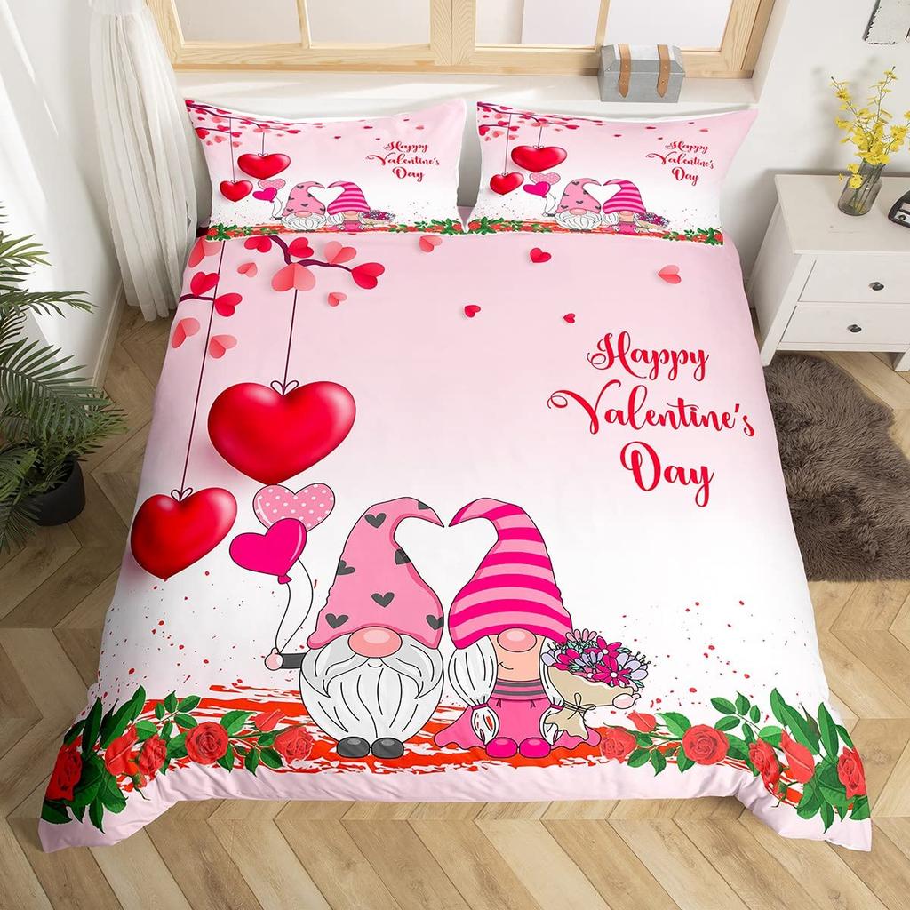 Valentines Day King Duvet Cover Romantic Bedding Set Kawaii Couple Gnome Comforter Cover Pink Rose Hearts Polyester Quilt Cover
