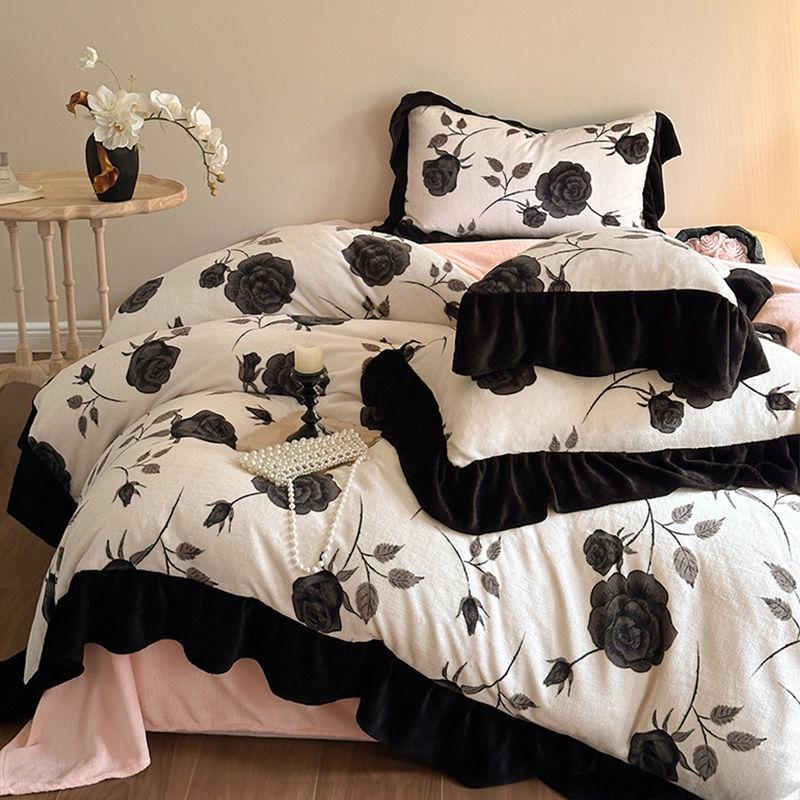 G5Z Melkfluweel & Kant Beddengoed Set: Verdikte Vierdelige Flanel & Koraalvlies, Dubbelzijdig met Dekbedovertrek.