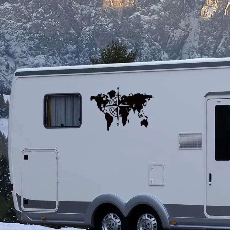 World Map Compass Caravan Car Sticker Camping Travel Explore Camper Rv Motorhome Truck Decal Auto Body Decoration Accessories