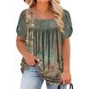 Women's Fashion Casual Printed Square Neck Short Sleeve Large Size T-Shirt Top