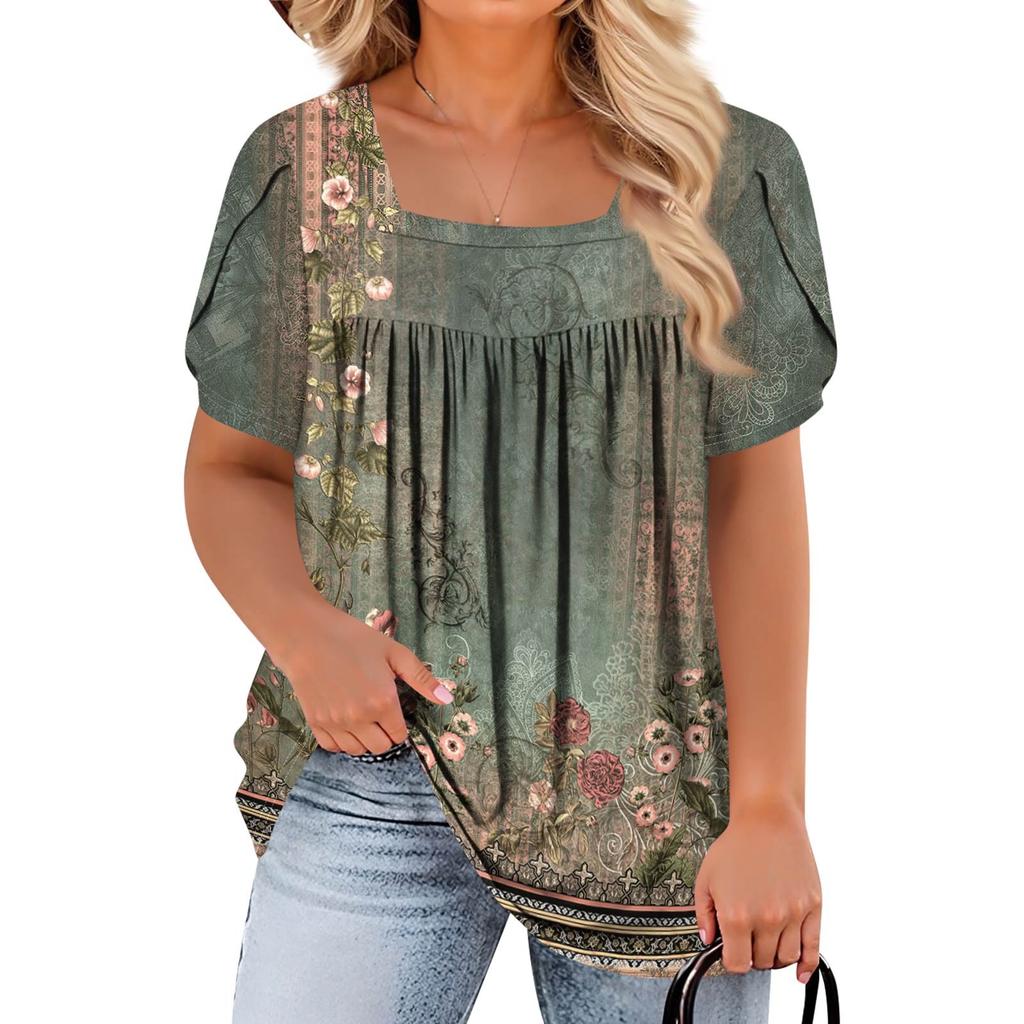Women's Fashion Casual Printed Square Neck Short Sleeve Large Size T-Shirt Top