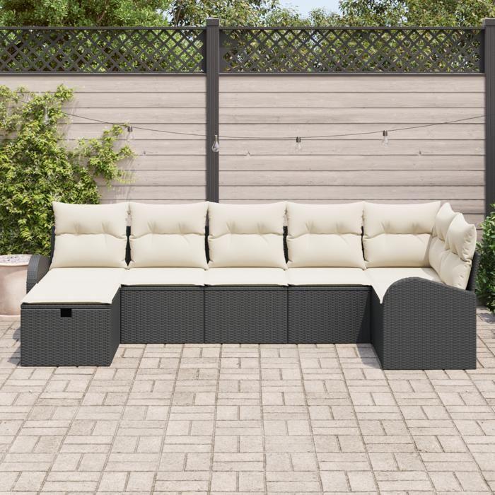 VidaXL Ensemble de Canapés de Jardin 7 Pièces avec Coussins Noir Poly Rattan 3359096