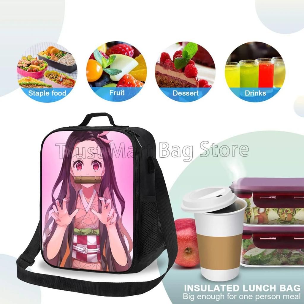 Anime Nezuko Isolierte Lunchbox Kühltasche Reise Tragbare Aufbewahrungstaschen Mädchen Wiederverwendbar Auslaufsicher Multifunktional Bento