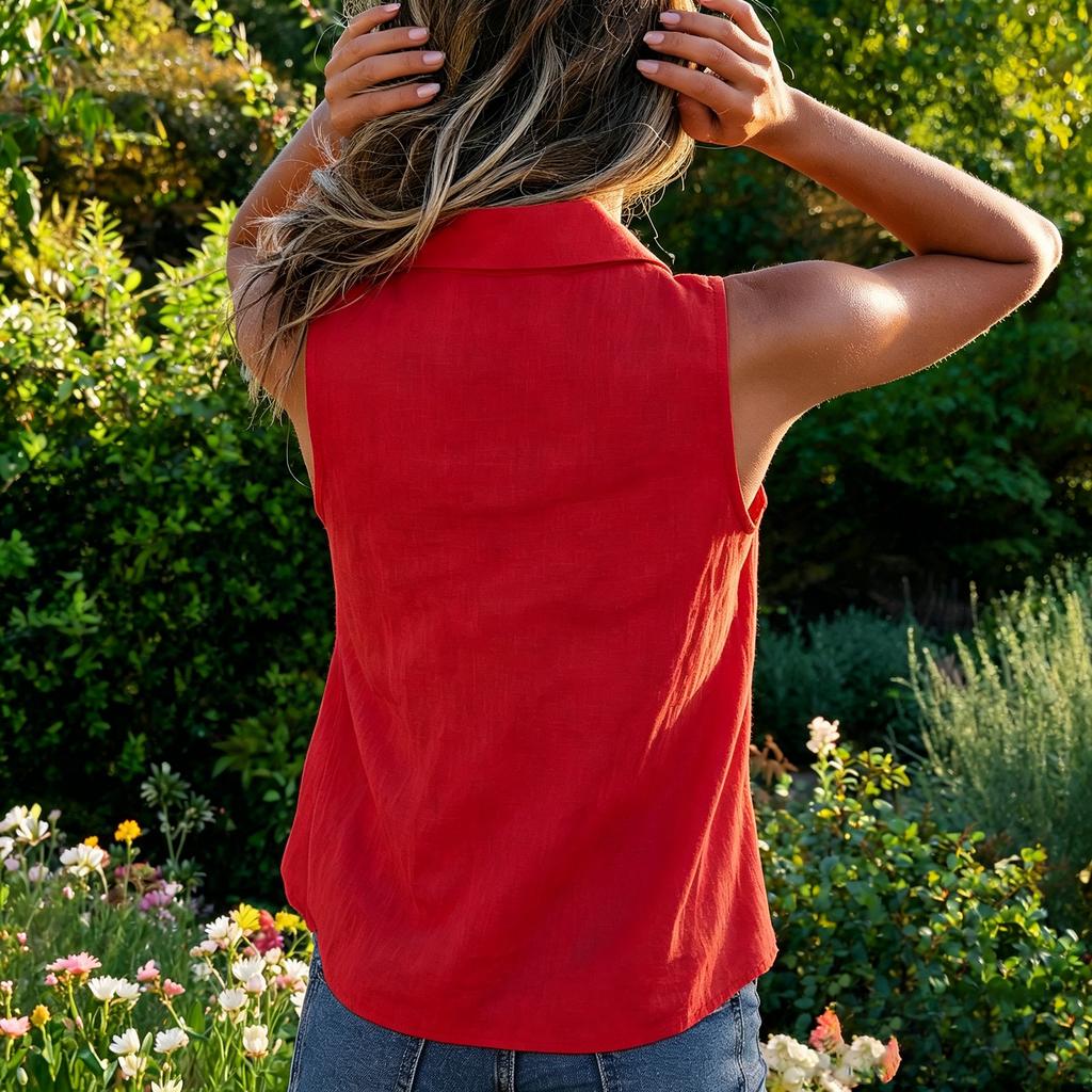 Women's Linen Button Front Sleeveless Vest - Casual Collared Top for Spring Summer