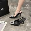Black pointed high-heeled single shoes women's buckle rhinestones spring and summer new versatile side empty stiletto with skirt