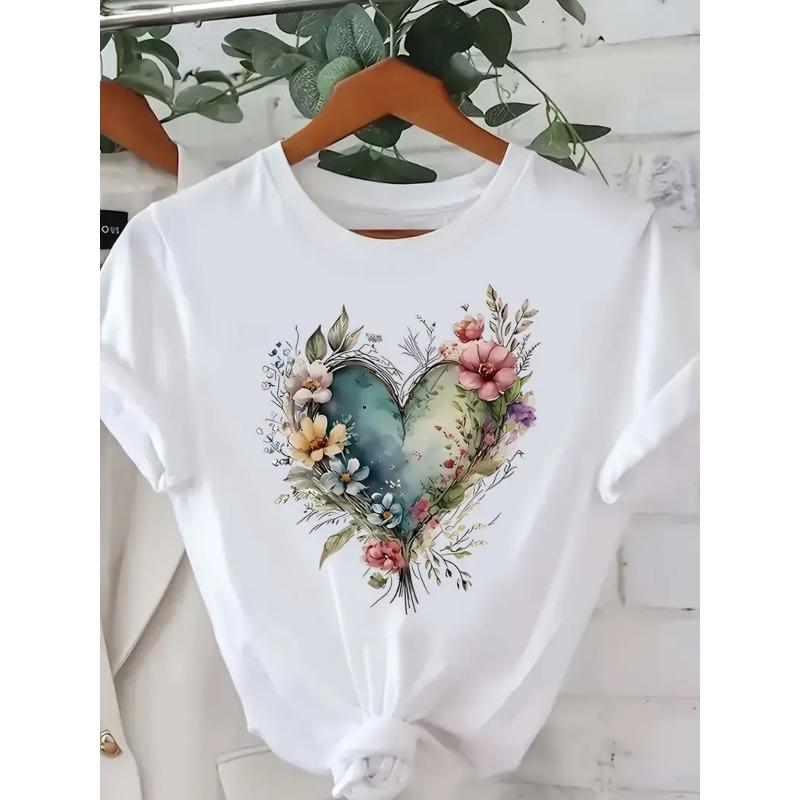 European size This Product Features a Heart-Shaped Printed Design, Crafted As a Short-Sleeve Round-Neck Casual T-Shirt for Women. Made from Pure S белый