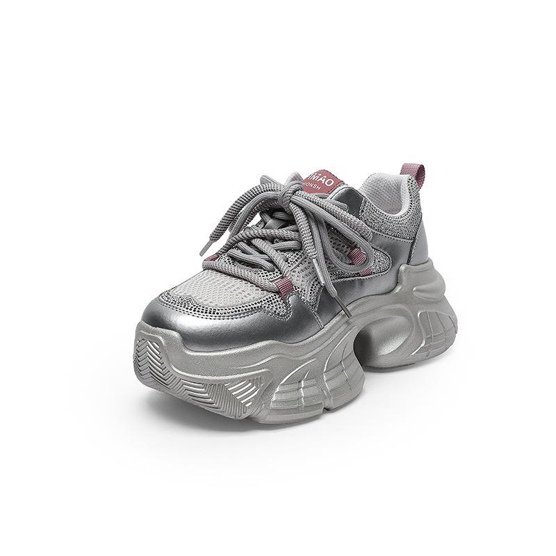 7 Inner Height Increase Dad Shoes Women's Spring and Summer Rhinestone Muffin Thick-soled Small Leather Casual Sports Shoes