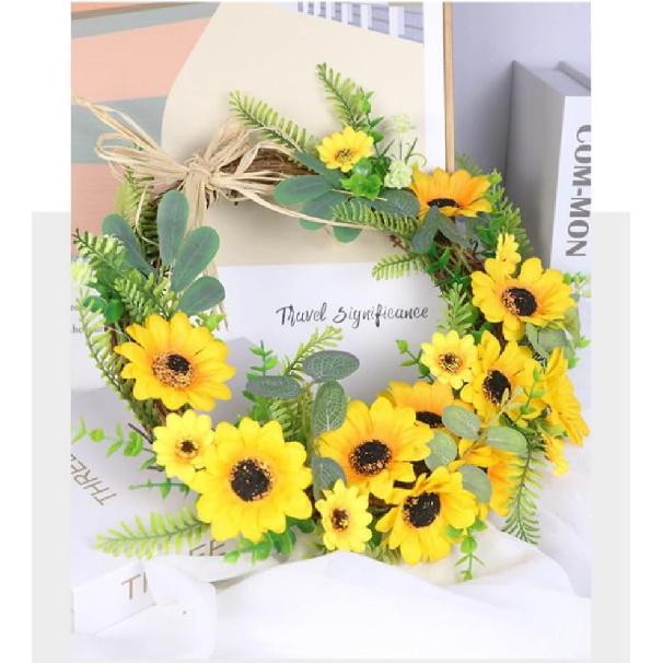 15.7inch Artificial Sunflower Wreath Yellow Flower Wreath for Front Door Wall Window Hanging Decor Front Door Farmhouse (Beige)