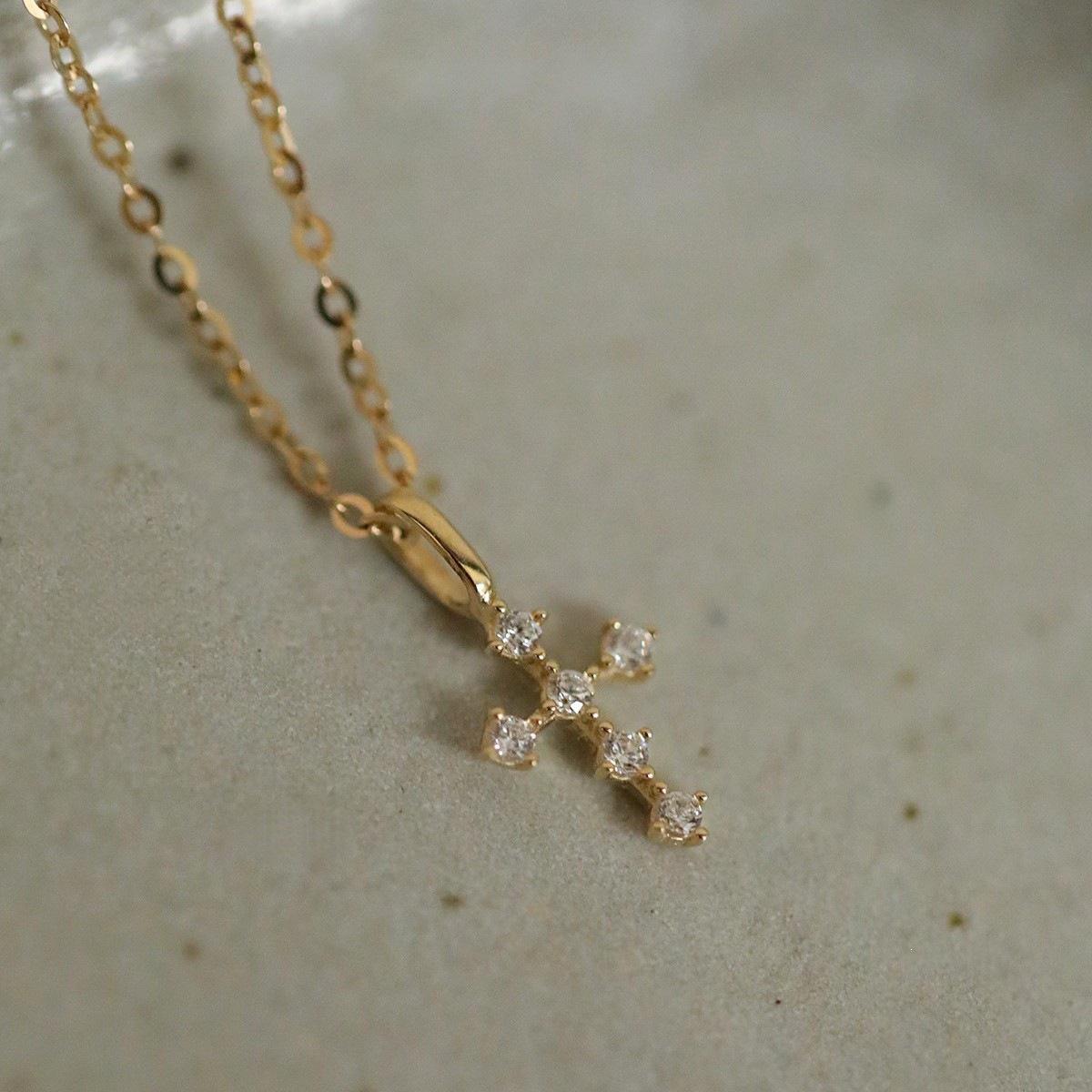 14K Gold-Plated S925 Sterling Silver Japanese Style Cross Pendant with Micro-Pave Detailing. 14K Gold Color