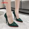 Aphixta Four Seasons Green Super High 12cm Stiletto Heels Women's Pumps Pointed Toe Patent Leather Office Shoes Plus 45
