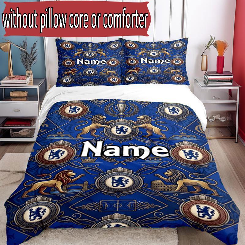 3pcs Duvet Cover Set (1*Duvet Cover + 2*Pillowcase, Without Core), Custom Name Chelsea Football Club Pattern Bedding Set, Home Bedroom Decor Gift