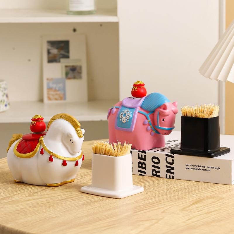 Cute Horse Toothpick Cylinder Creative Pony Toothpaste Box Home Tea Table Floss Box Cotton Swabs Storage Can Home Desktop Ornament