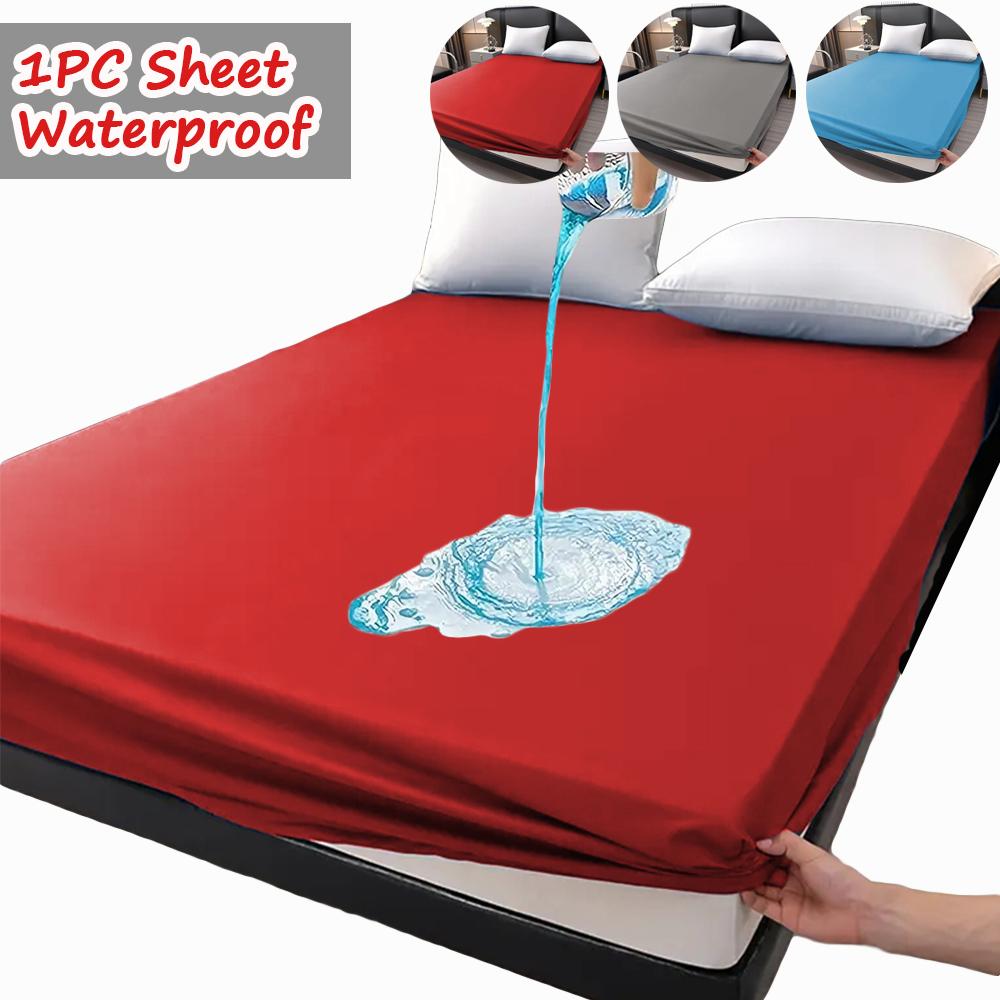 Super Waterproof Fitted Sheet Solid Color Non-Slip Mattress Protector Cover Comfortable Bedding with Elastic Band Deep Pocket