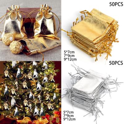 50st Guld Silver Metallisk Organza Dragskopåsar Godis Presentpåse För Bröllop Jul Godispåsar Smyckesförpackning