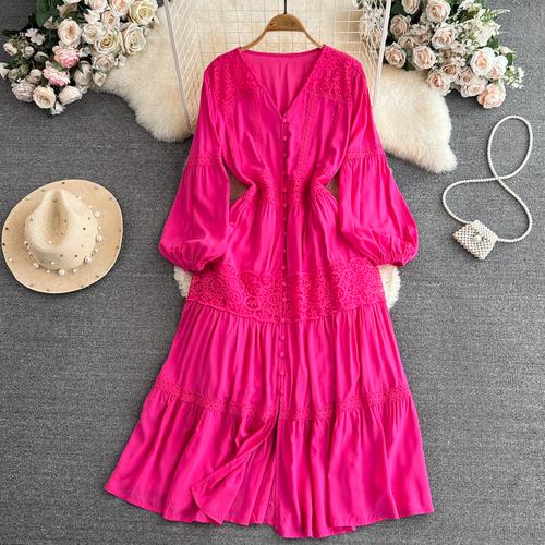 Solide Urlaub V-Ausschnitt Casual Süße Frauen Mode Elegante A-Linie Party Weibliche Chic Vestido Laterne Ärmel Böhmischen Grünen Kleid