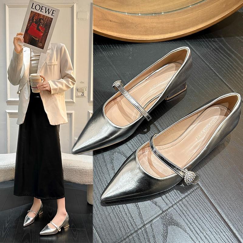 Spring pointed silver high-end single shoes medium heel Mary Jane shoes thick heel high heels