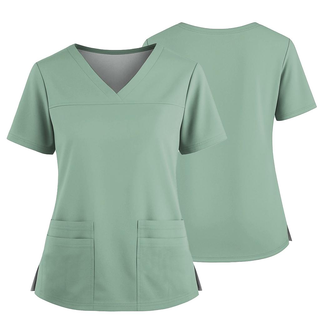 Women's Uniform Color V-Neck Pocket Side Slit Uniform Short Sleeved Top Top