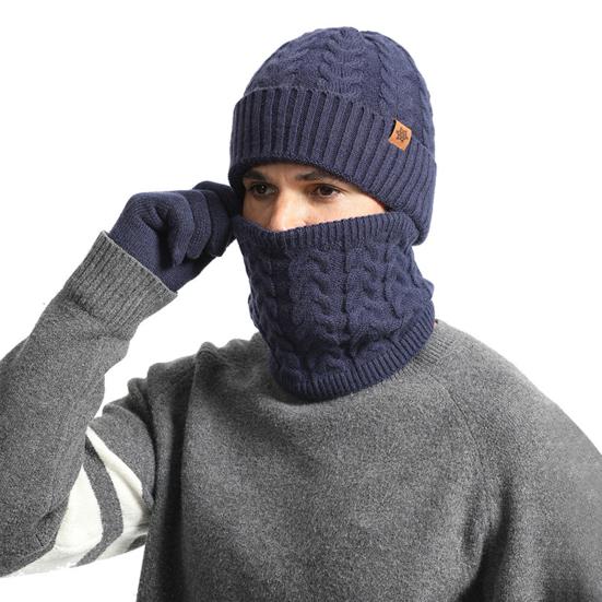 3Pcs/Set Men Hat Scarf Gloves Set Solid Color Twist Texture Brimless Hat Neckerchief Knitting Gloves Set Winter Accessories