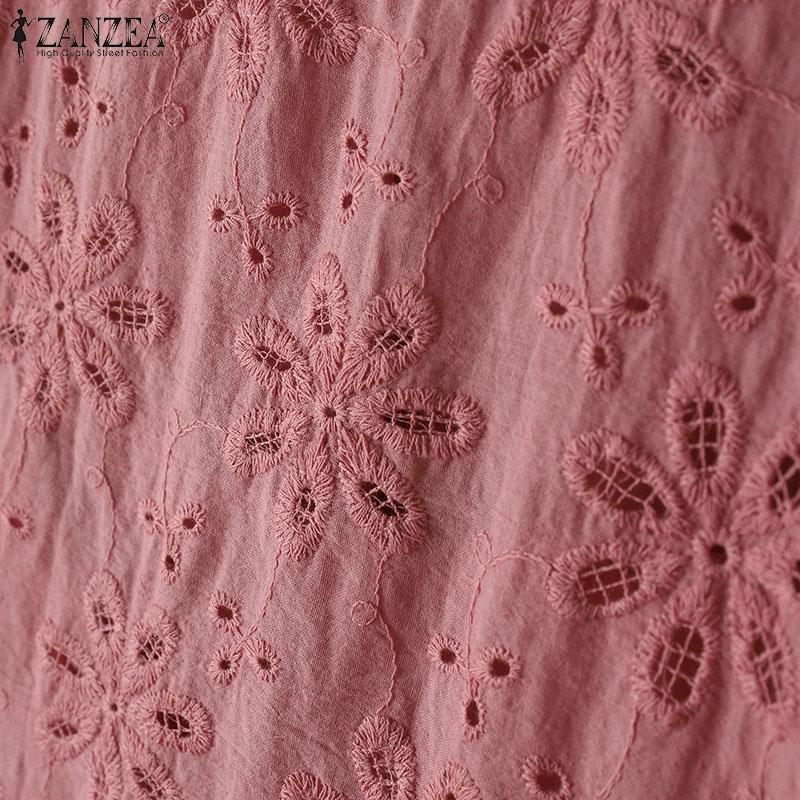 ZANZEA Womens Summer Casual 3/4 Sleeve Hollow Patchwork Embroidery Crochet Blouse