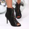 2026 New Black Lace-Up Sandals Heels Women's High Heel Shoes Trend Sexy Peep Toe Boots Fashion Cloth Stilettos Jazz Dance Female