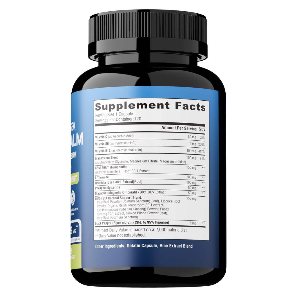 Suplemento para Gerenciamento de Cortisol com Magnésio, Ashwagandha e Teanina - Auxilia no Relaxamento, Cortisol e Foco - 120 Cápsulas