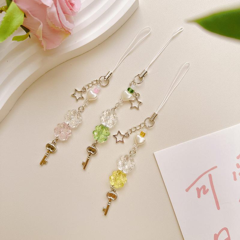 Süßer vierblättriger Kleeblatt-Handyanhänger mit Perlen für Frauen und Mädchen, süßer, exquisiter Schlüsselanhänger, modisches Handy-Lanyard-Geschenk