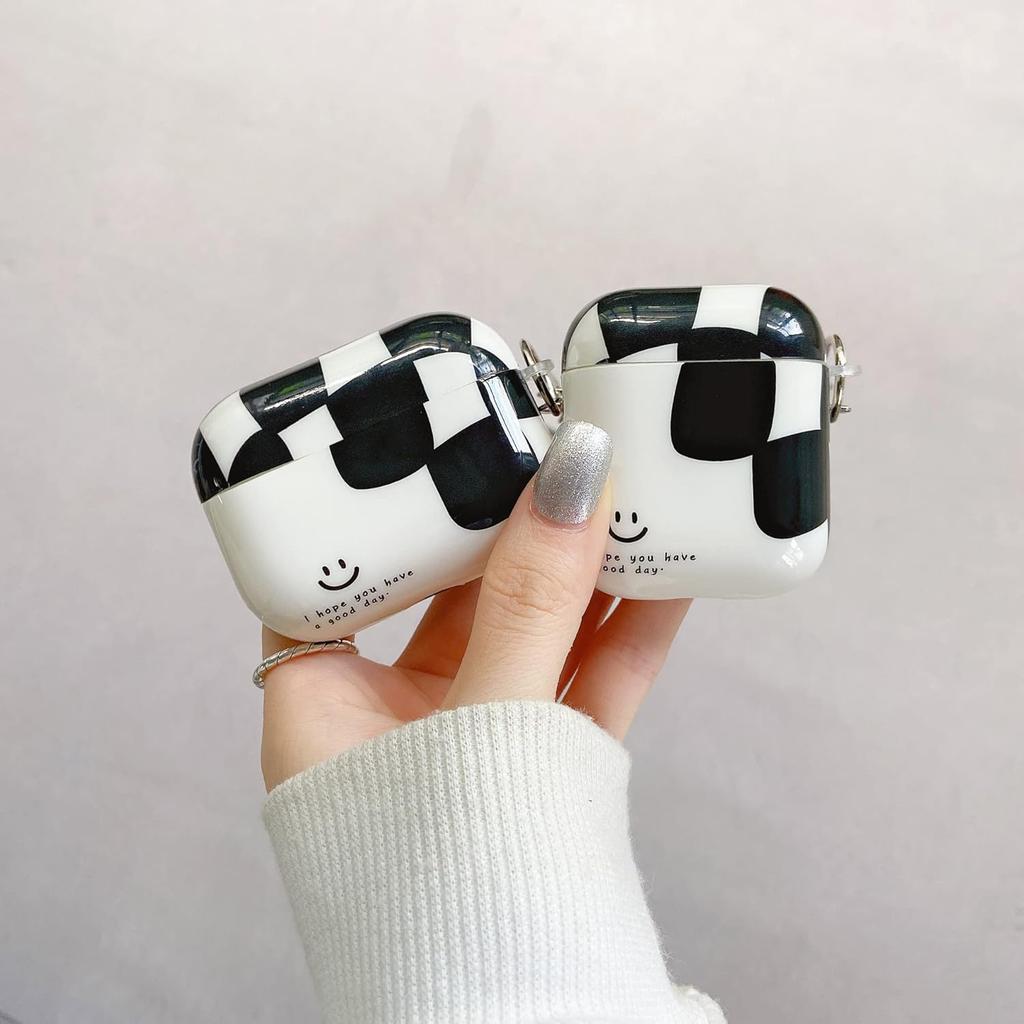 Protective Case for AirPods 1/2, Creative Elegant Art White Black Grid Plaid Smiling Face Soft Silicone TPU Rubber Lightweight Ultra Thin Cover