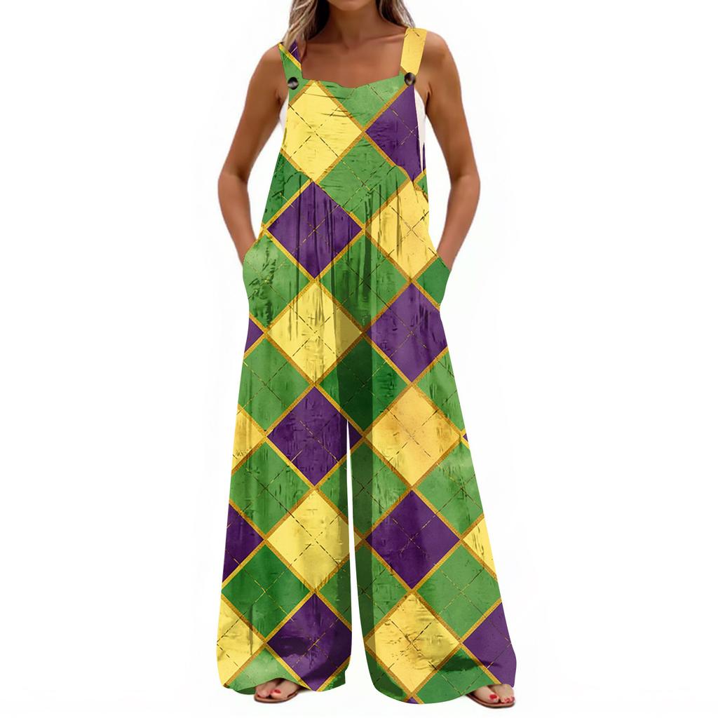 Wide Leg Overalls For Women Casual Loose Sleeveless Print Button Long Pant Romper Jumpsuit With Pockets