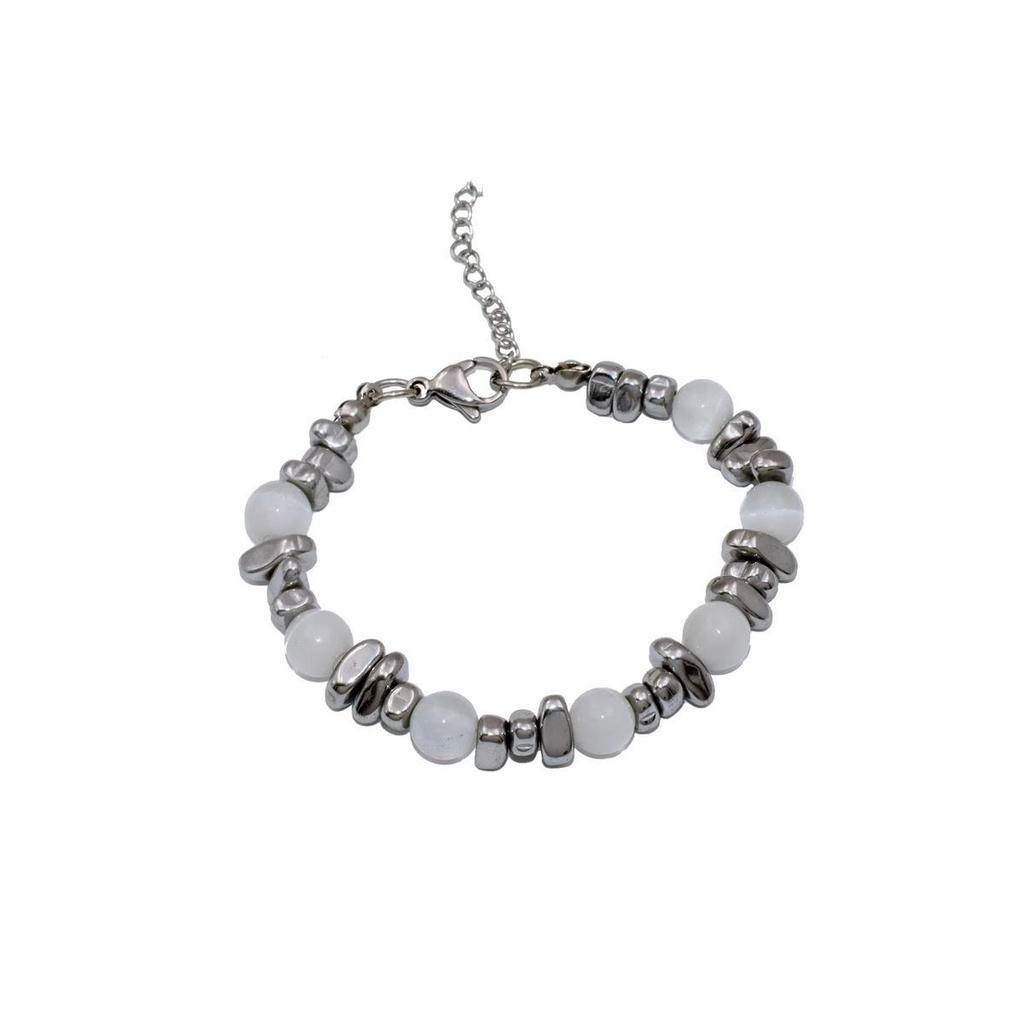 Unisex Silber Perlen Patchwork Katzenauge Armband: Trendiges Design für Männer und Frauen