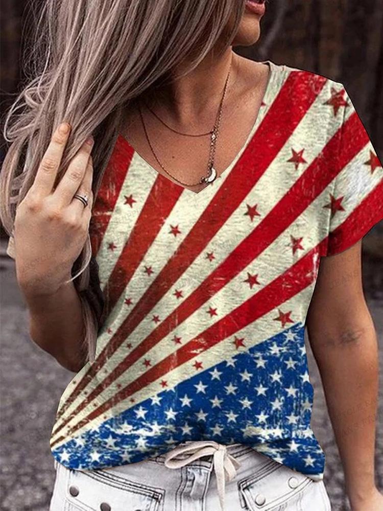 American Flag 3d Print T-shirt Women Fashion V-Neck T-shirts Short Sleeve Tops Tees Loose Casual Tees Vintage Camisetas USA Flag