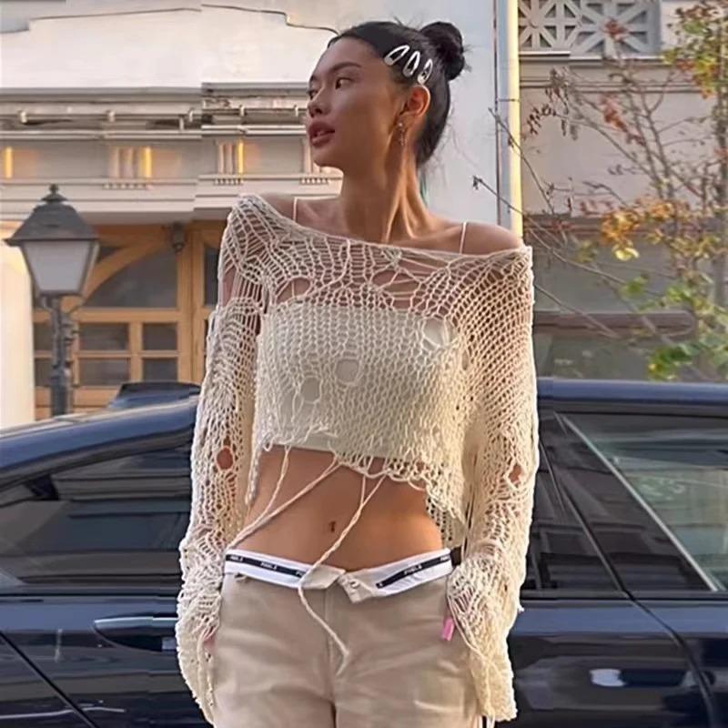 Boho Damen Strick T-Shirt Y2k Hollow Out Locker Damen Crop Tees Vintage Koreanisch Zerrissen Langarm All Match Damen Pullover