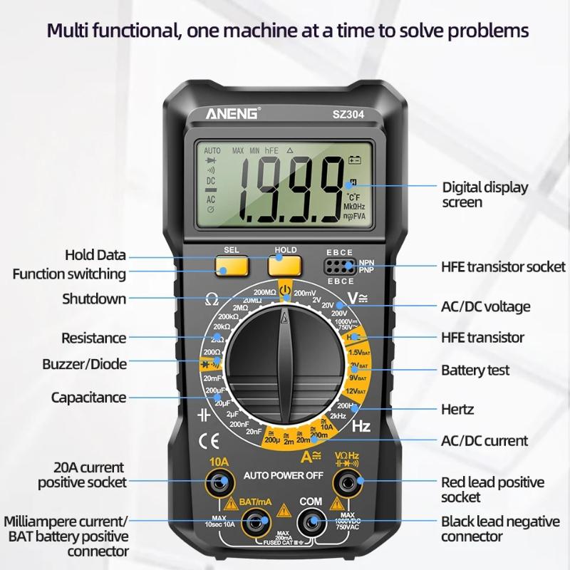 New ANENG SZ304 Digital Multimeter Detector AC/DC Voltage Current Resistance Triode Electrician Professional Capacitance Diode Teste Digital Display