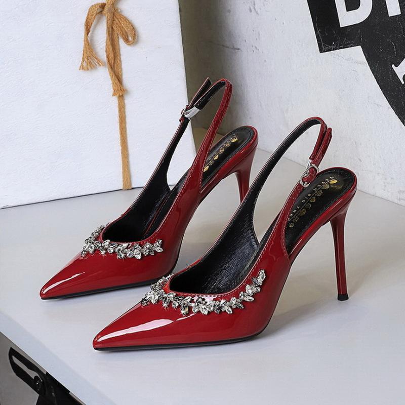 

European And American Rhinestone High Heels Thin Heel Patent Leather Pointed Toe Behind Empty Trip-Band Banquet Single Shoes 34