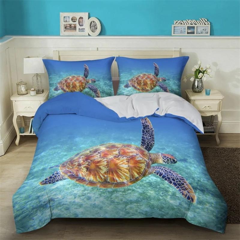 3D Sea Turtle Beddings Set Ocean Duvet Cover Set Teal Mediterranean Style Duvet Cover Queen King Twin Size Bedroom Decoration